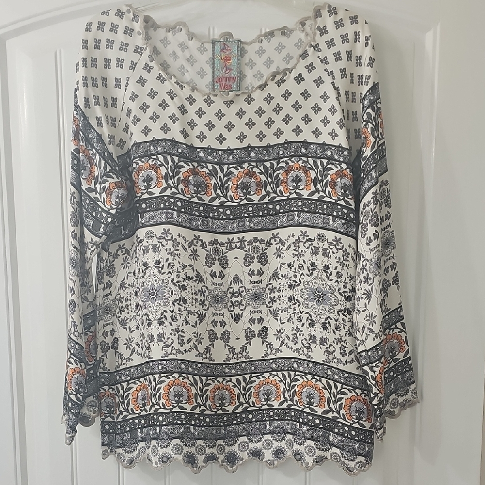 Johnny Was White and Black Floral Blouse